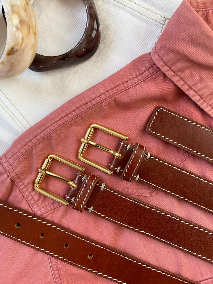 CASHOTT CASLILY Belt W. Stitch Leather Belt Cognac